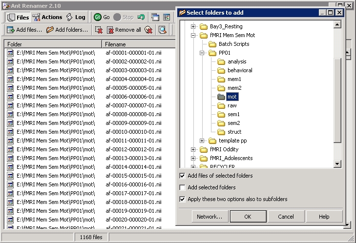 Ant Renamer window listing hundreds of fMRI image files, with a folder-selection dialog open.